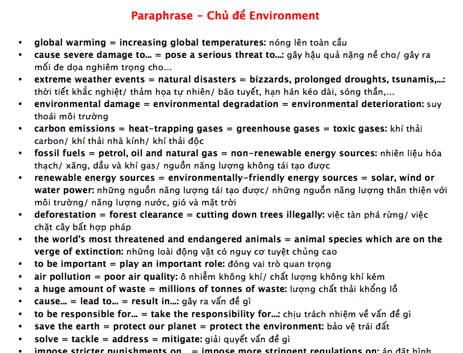 paraphrase chủ đề environment