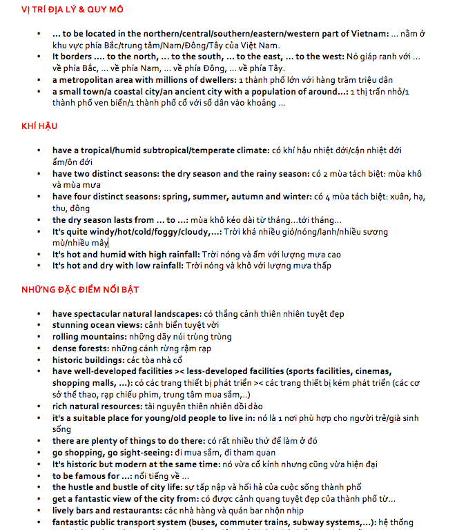 ielts speaking từ vựng chủ đề hometown