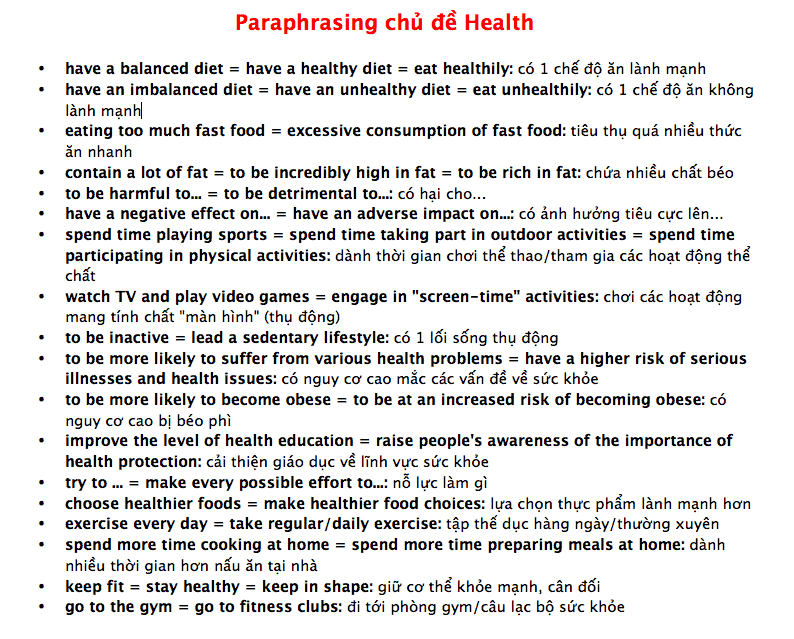 paraphrasing chủ đề health